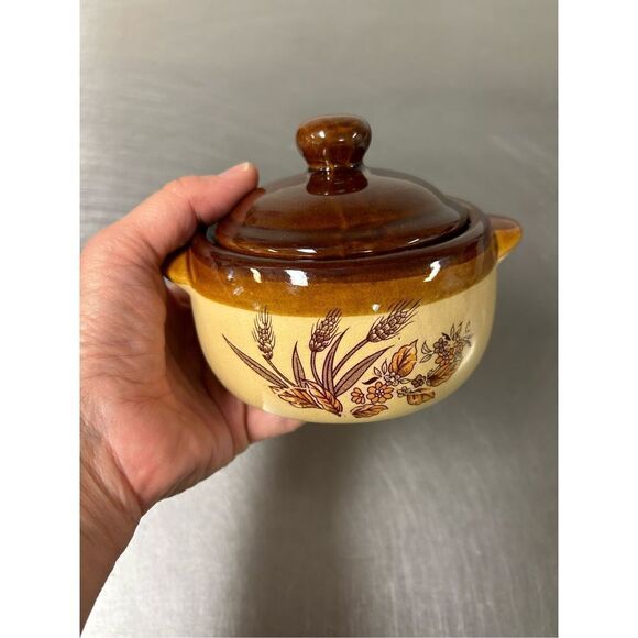 🌼5for$25🌼 Vintage Mini Bean Pot and Lid with Wheat Design Ombre 1 side - Picture 1 of 8